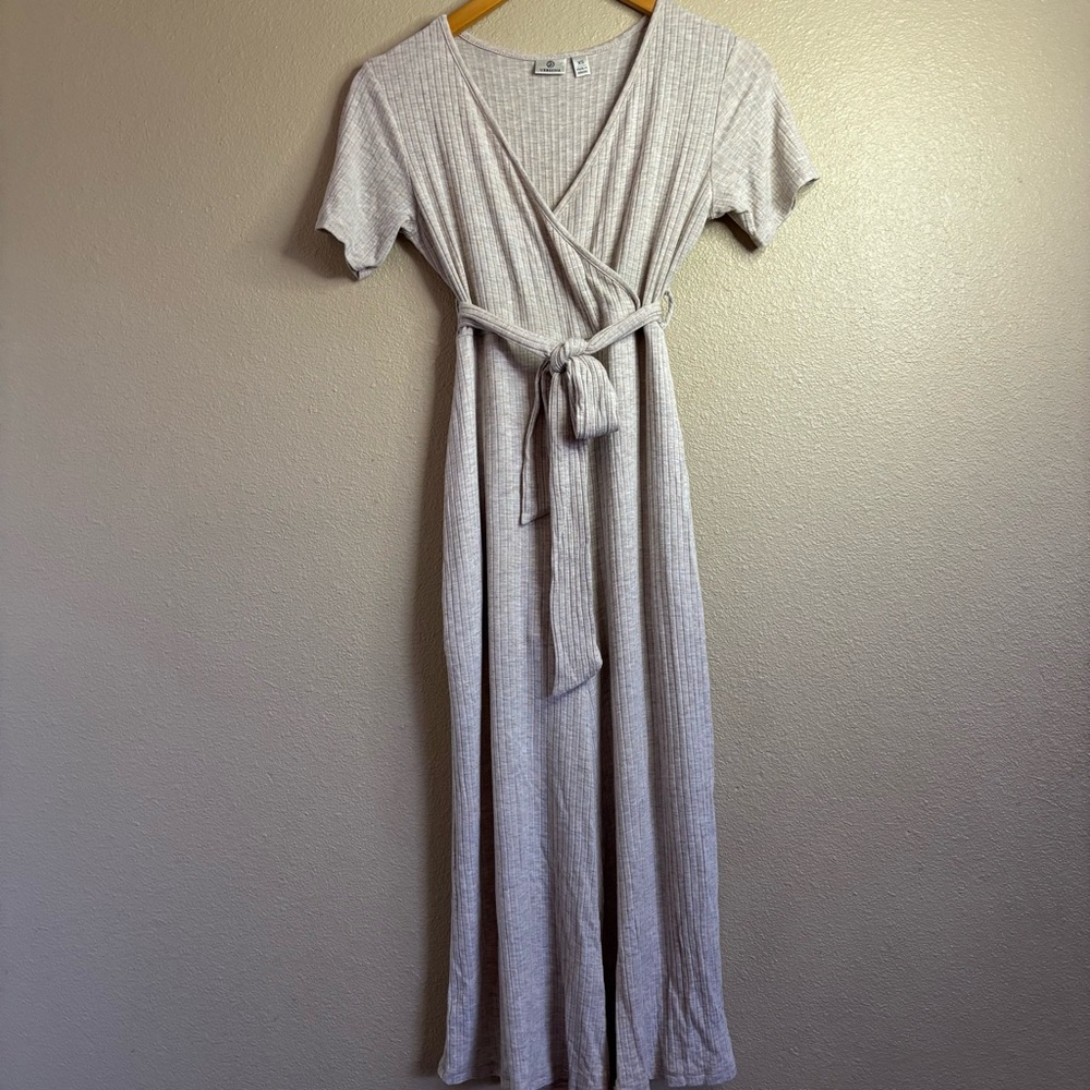 Versóna Ribbed Wrap Wide Leg Jumpsuit Beige Tie Waist XS Minimalist Casual Chic